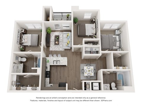 Floor plan for 3 beds, 2 baths, 1059 sqft